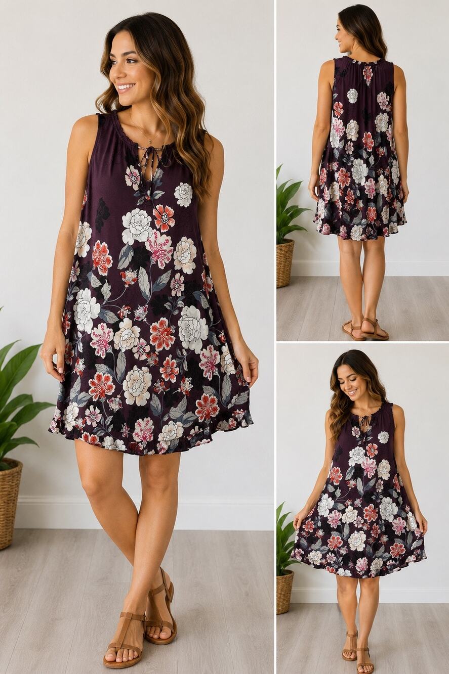 LOFT Outlet Purple Floral Sleeveless Swing Dress Tie Neck Boho Size Small
